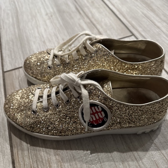 Miu Miu Sneakers Gold Glitter Wedge Flat Athletic Shoes 36.5 Lace Up Trainers - Picture 1 of 8